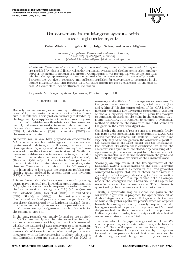(PDF) On consensus in multi-agent systems with linear high-order agents