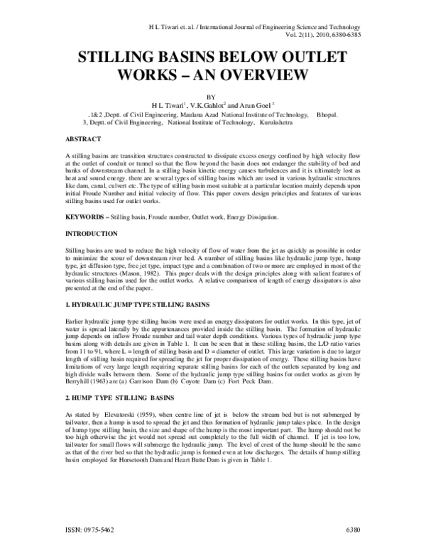 (PDF) Stilling Basins Below Outlet Works – an Overview