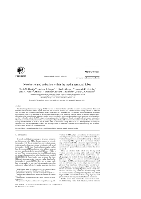 (PDF) Novelty-related activation within the medial temporal lobes