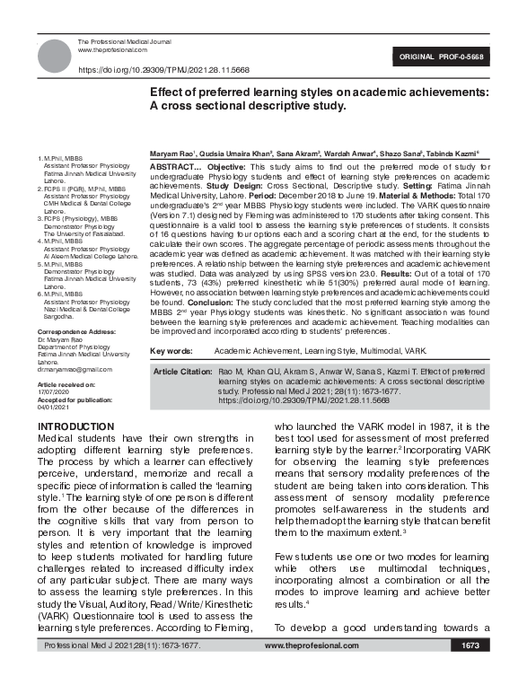 (PDF) Effect of preferred learning styles on academic achievements: A ...