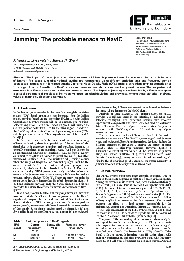 (PDF) Jamming: The Probable Menace to NavIC