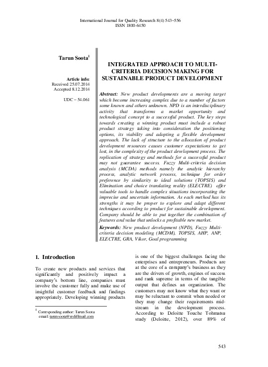 (PDF) Integrated Approach to Multi- Criteria Decision Making for ...