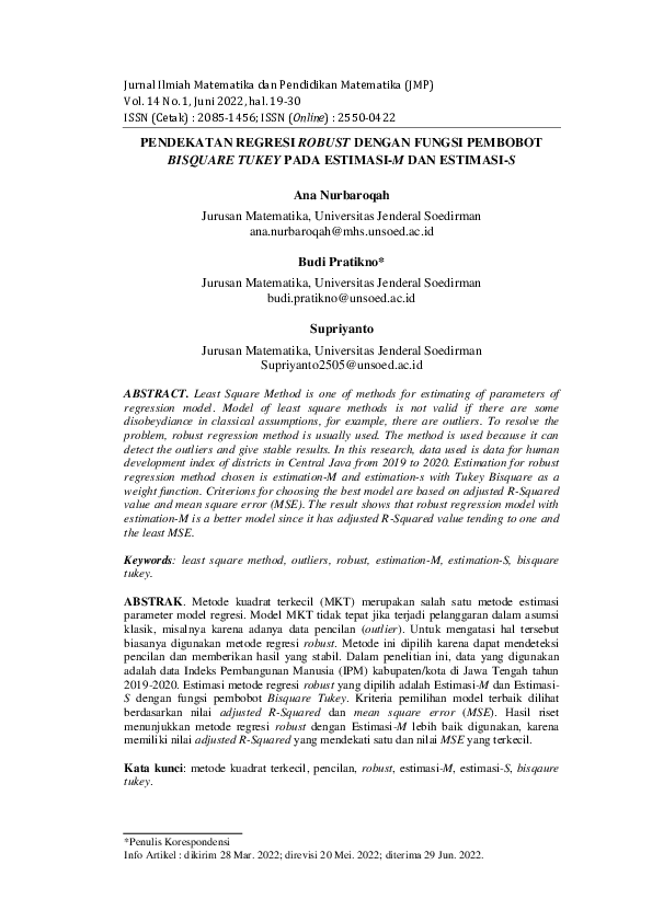 (PDF) Pendekatan Regresi Robust Dengan Fungsi Pembobot Bisquare Tukey ...