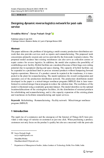 (PDF) Designing dynamic reverse logistics network for post-sale service