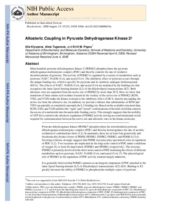 (PDF) Allosteric Coupling in Pyruvate Dehydrogenase Kinase 2