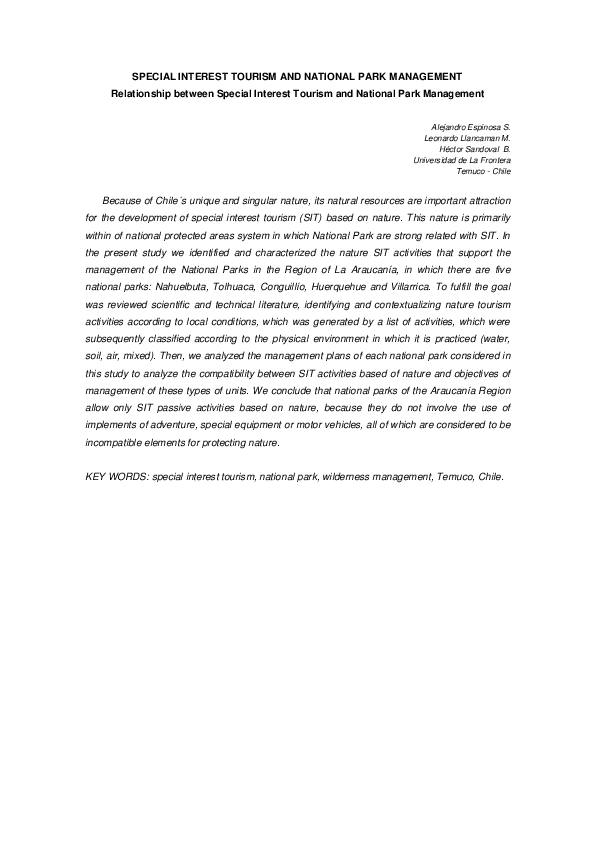 (PDF) SPECIAL INTEREST TOURISM AND NATIONAL PARK MANAGEMENT ...