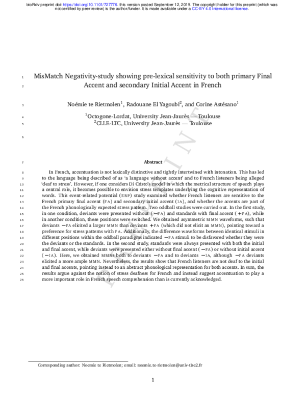 (PDF) MisMatch Negativity-study showing pre-lexical sensitivity to both ...