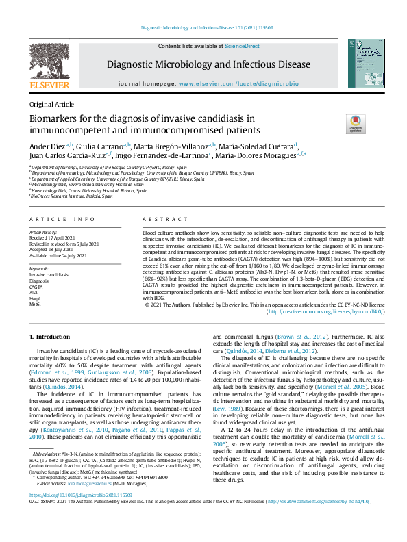 (PDF) Biomarkers for the diagnosis of invasive candidiasis in ...