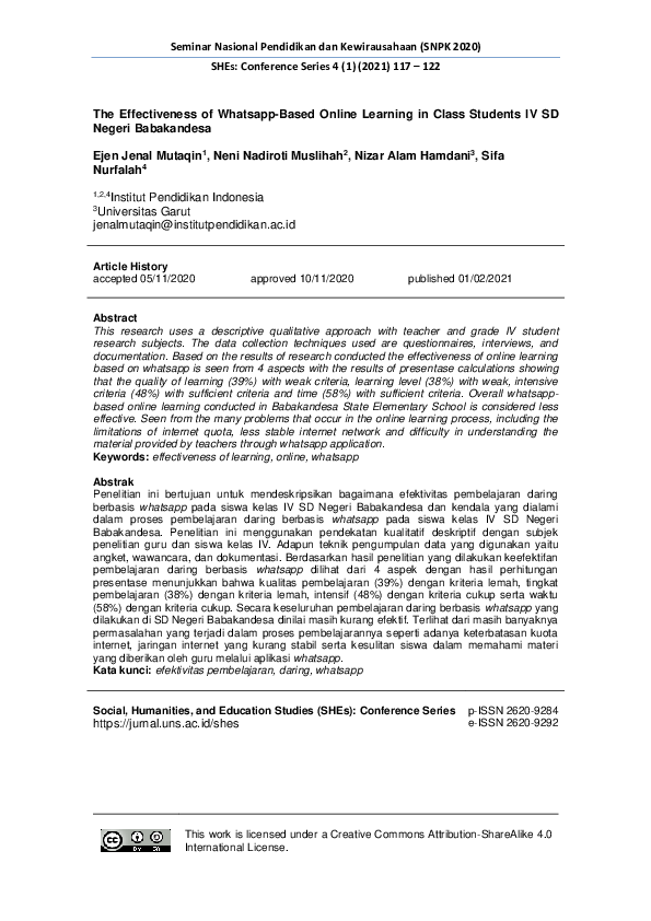 (PDF) The Effectiveness of Whatsapp-Based Online Learning in Class ...