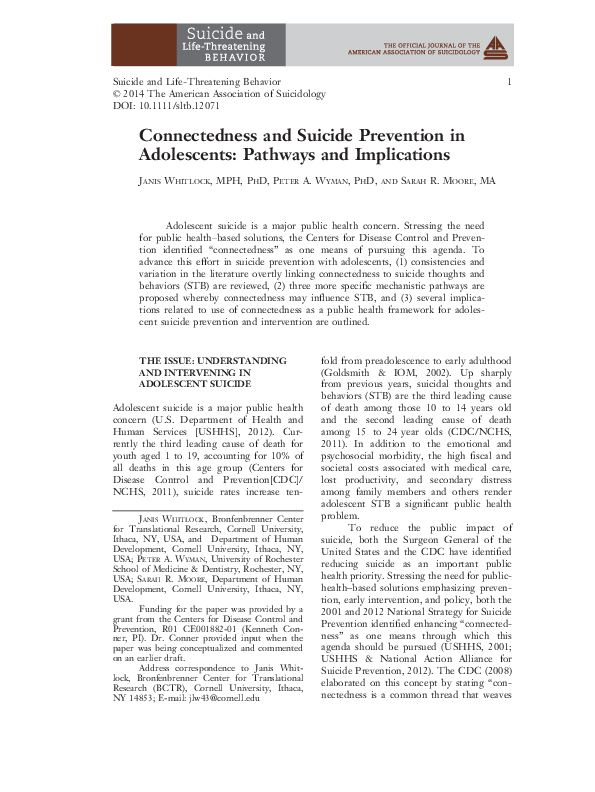 (PDF) Connectedness and Suicide Prevention in Adolescents: Pathways and ...