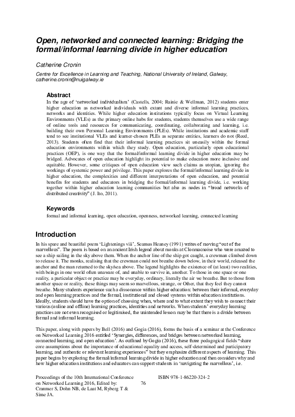 (PDF) Open, networked and connected learning: Bridging the formal ...