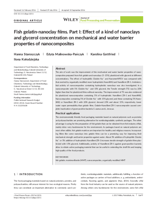 (PDF) Fish gelatinnanoclay films. Part I Effect of a kind of