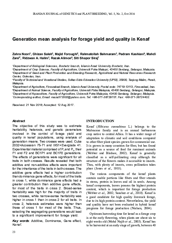 (PDF) Generation mean analysis for forage yield and quality in Kenaf