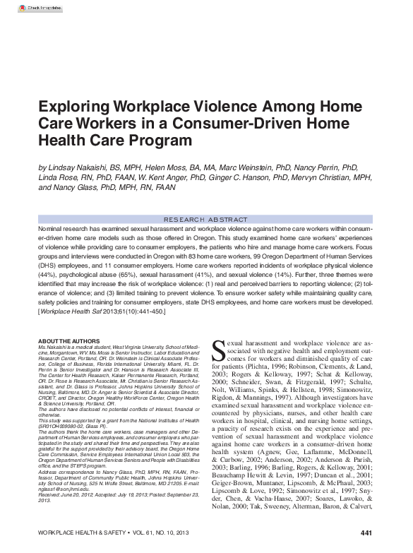(PDF) Exploring workplace violence among home care workers in a ...