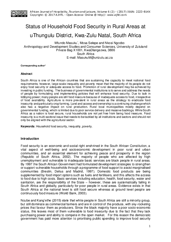(PDF) Status of Household Food Security in Rural Areas at uThungulu ...