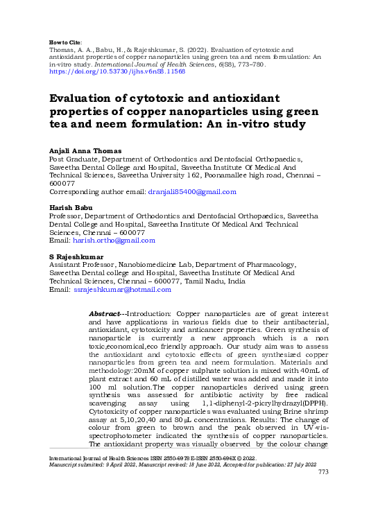 (PDF) Evaluation of cytotoxic and antioxidant properties of copper ...