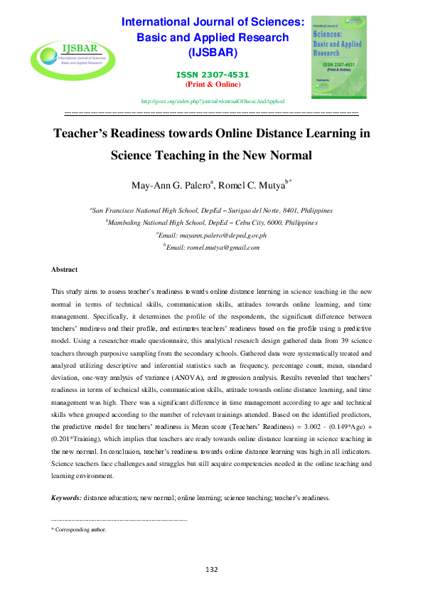 (PDF) Teacher’s Readiness towards Online Distance Learning in Science ...