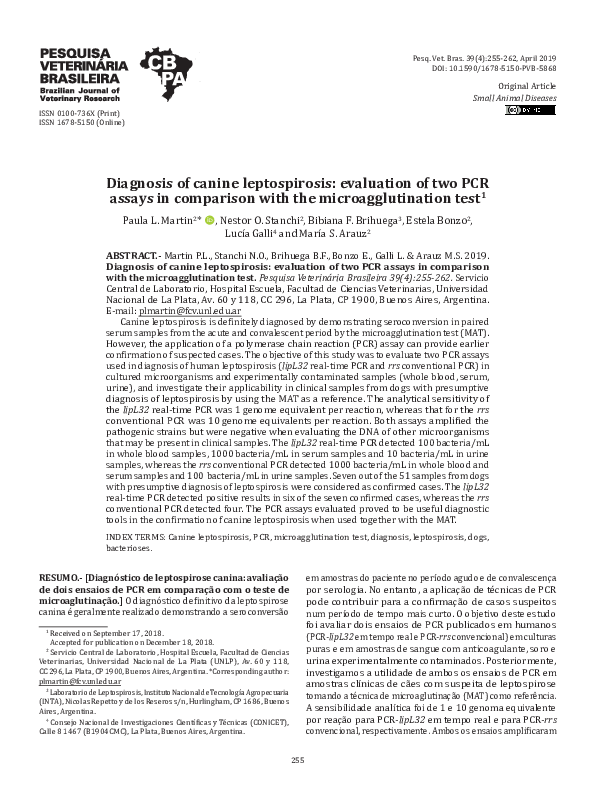 (PDF) Diagnosis of canine leptospirosis evaluation of two PCR assays