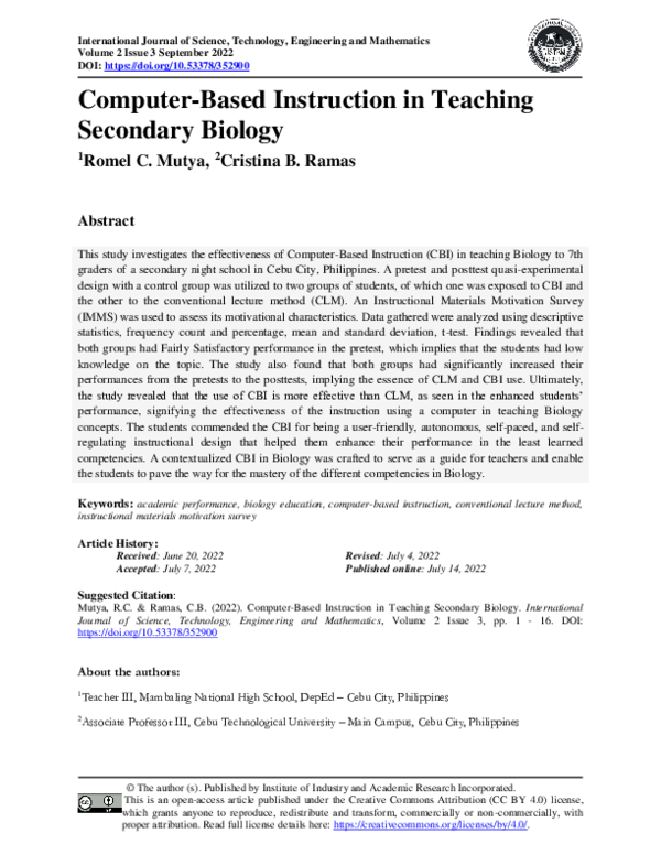 (PDF) Computer-Based Instruction in Teaching Secondary Biology
