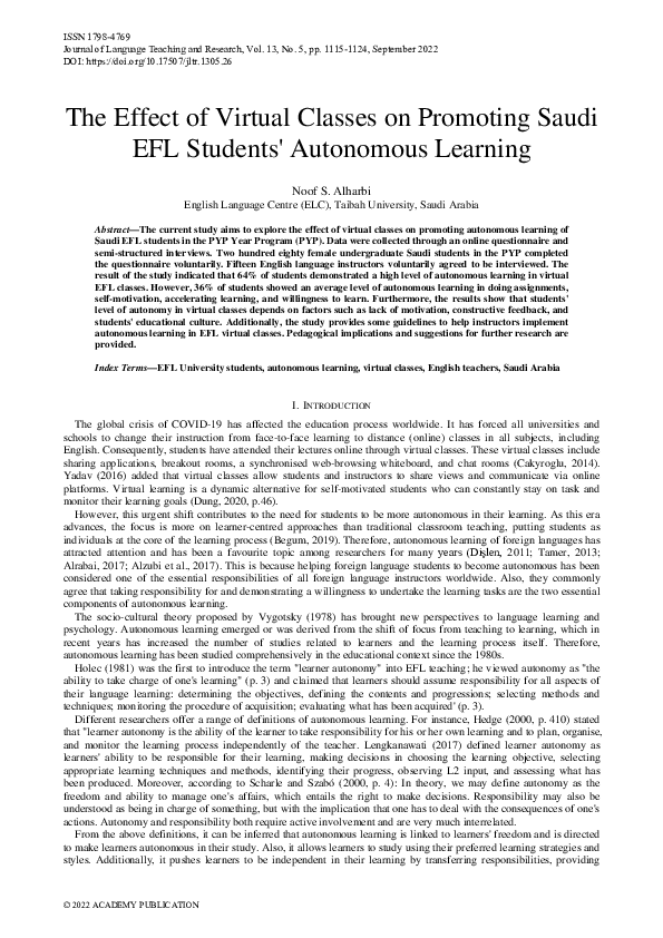 (PDF) The Effect of Virtual Classes on Promoting Saudi EFL Students ...