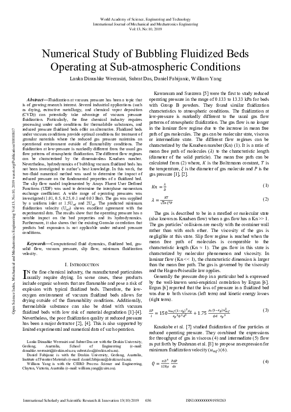 (PDF) Numerical Study of Bubbling Fluidized Beds Operating at Sub