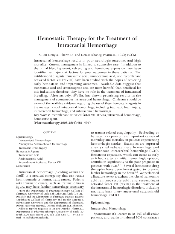 (PDF) Hemostatic Therapy for the Treatment of Intracranial Hemorrhage