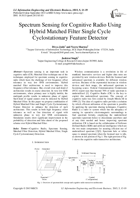 (PDF) Spectrum Sensing for Cognitive Radio Using Hybrid Matched Filter ...