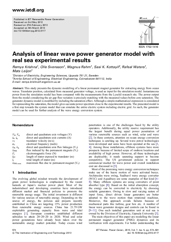 (PDF) Analysis of linear wave power generator model with real sea ...
