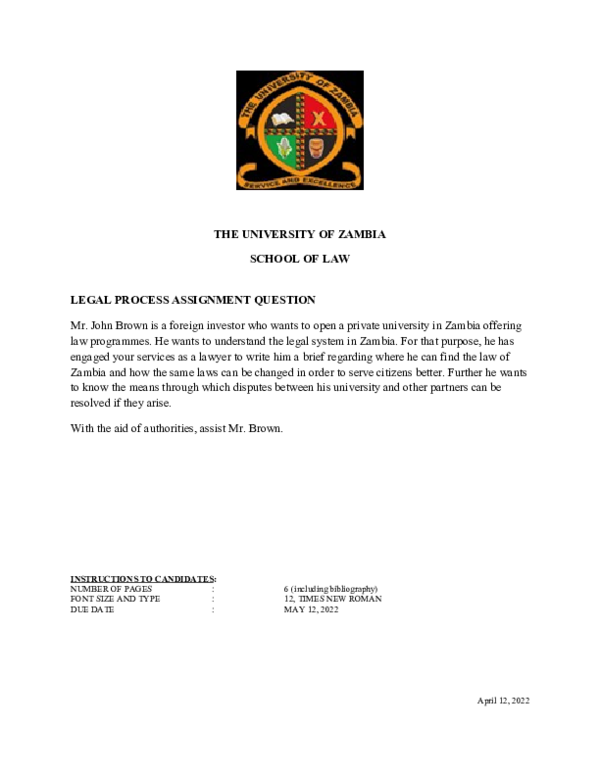 (DOC) THE UNIVERSITY OF ZAMBIA SCHOOL OF LAW LEGAL PROCESS ASSIGNMENT