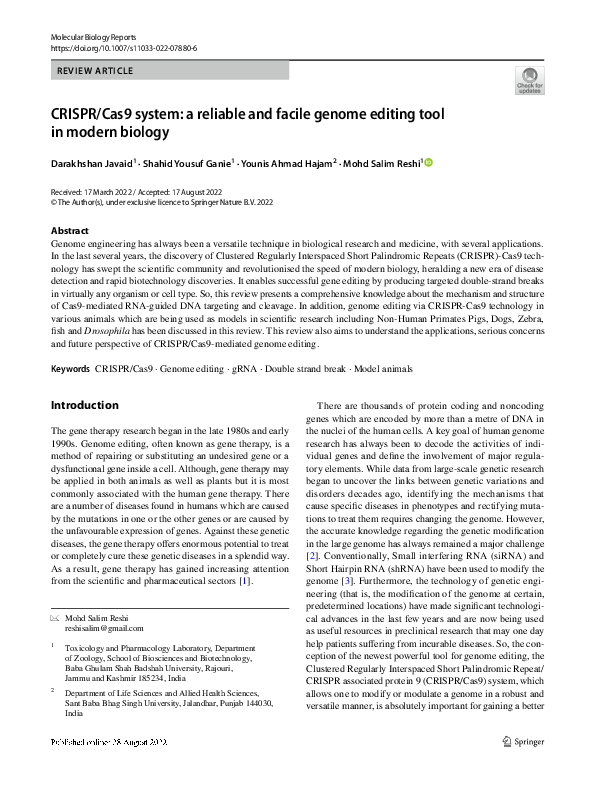 (PDF) CRISPR/Cas9 system: a reliable and facile genome editing tool in ...