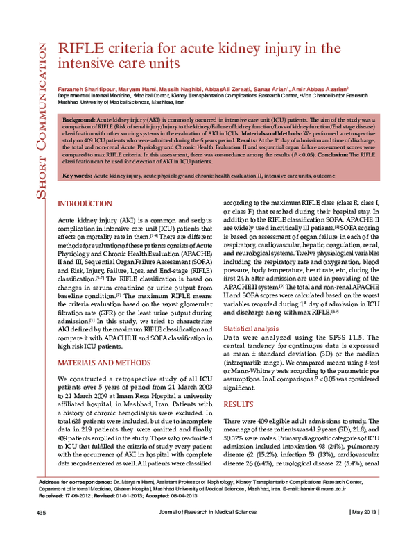 (PDF) RIFLE criteria for acute kidney injury in the intensive care units