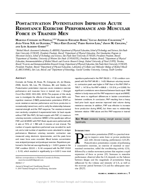 (PDF) Postactivation Potentiation Improves Acute Resistance Exercise ...