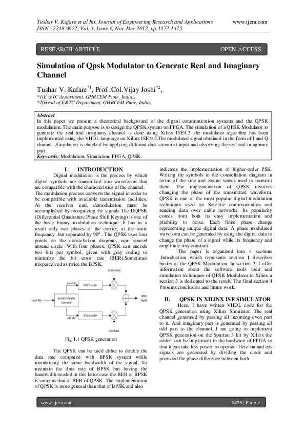 (PDF) Simulation of Qpsk Modulator to Generate Real and Imaginary Channel