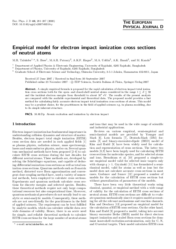 (PDF) Empirical model for electron impact ionization cross sections of ...