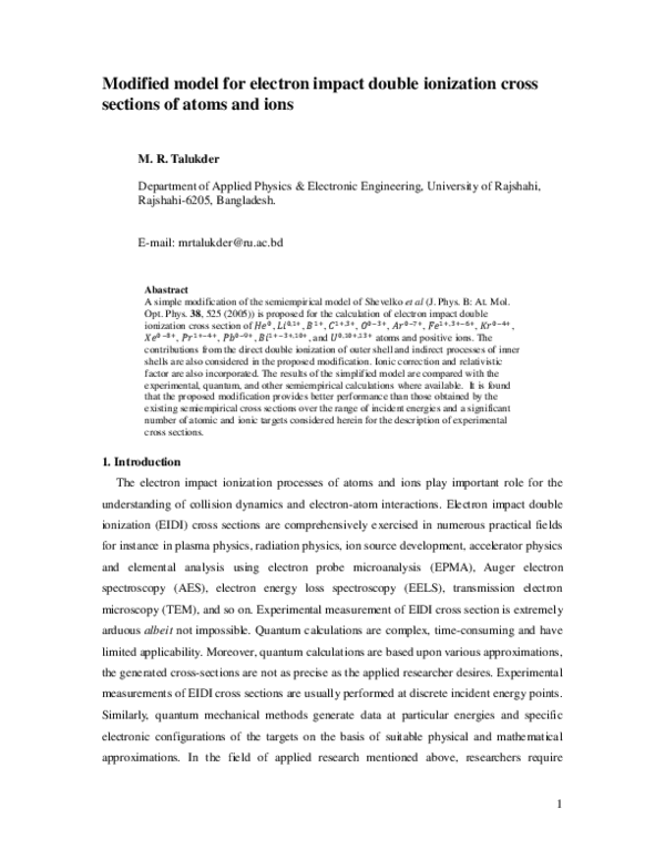 (PDF) Modified model for electron impact double ionization cross ...