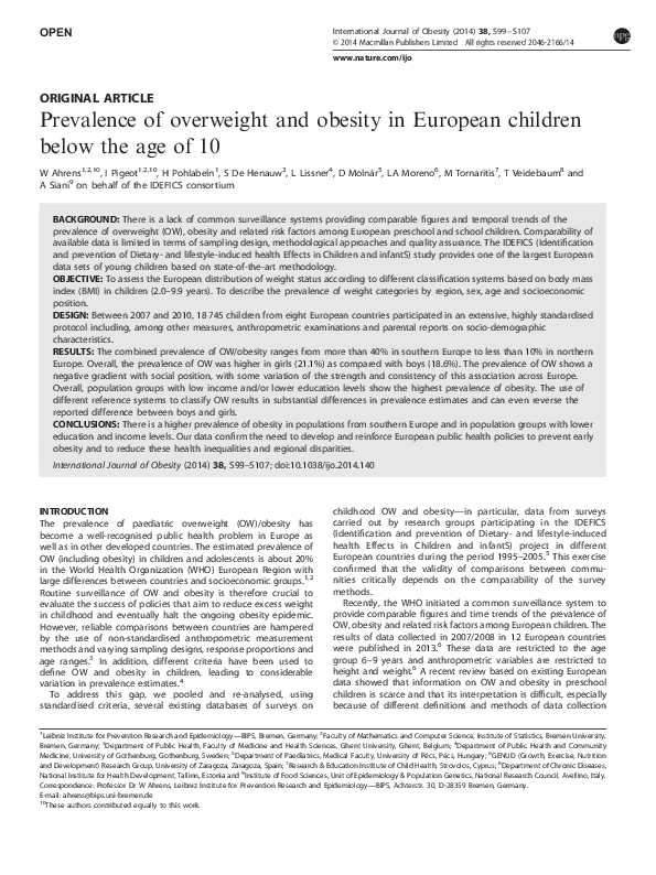(PDF) Prevalence of overweight and obesity in European children below ...