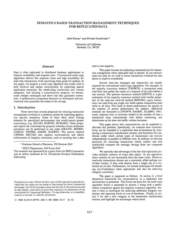(PDF) Semantics based transaction management techniques for replicated data