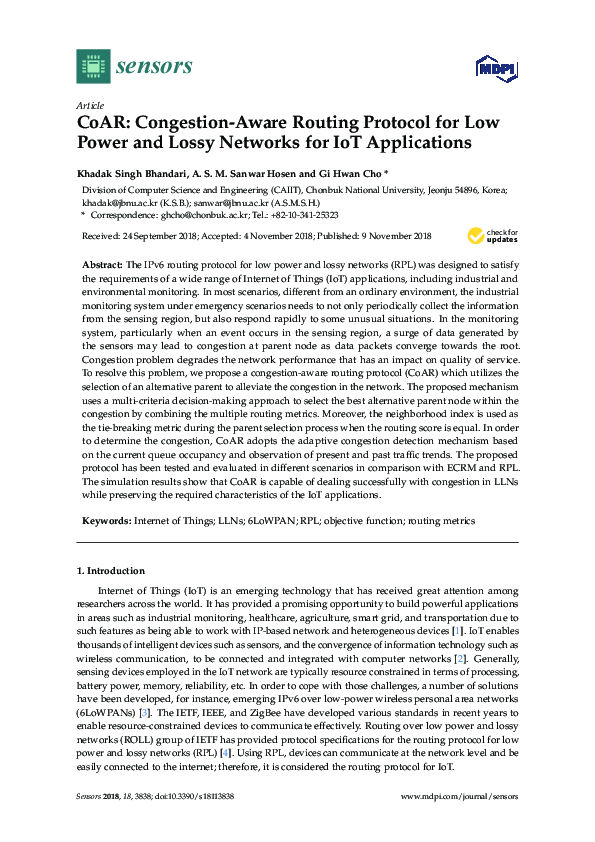 (PDF) CoAR: Congestion-Aware Routing Protocol for Low Power and Lossy ...