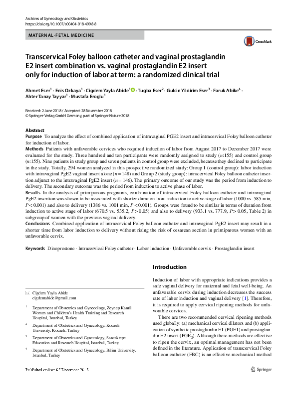 (PDF) Transcervical Foley balloon catheter and vaginal prostaglandin E2