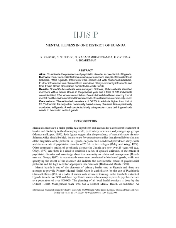 (PDF) Mental Illness in One District of Uganda