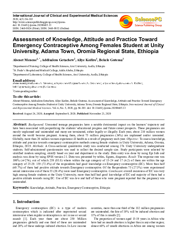 (PDF) Assessment of Knowledge, Attitude and Practice Toward Emergency ...