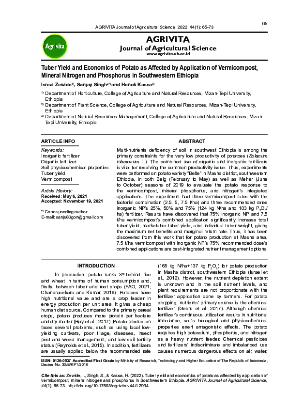(PDF) Tuber Yield and Economics of Potato as Affected by Application of ...
