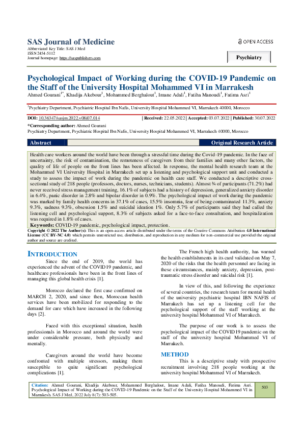 (PDF) Psychological Impact of Working during the COVID-19 Pandemic on ...