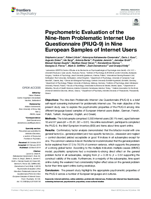 (PDF) Psychometric Evaluation of the Nine-Item Problematic Internet Use ...
