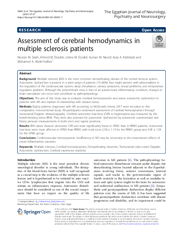 (PDF) Assessment of cerebral hemodynamics in multiple sclerosis patients