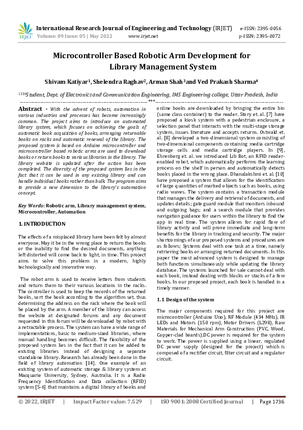 (PDF) Microcontroller Based Robotic Arm Development for Library ...