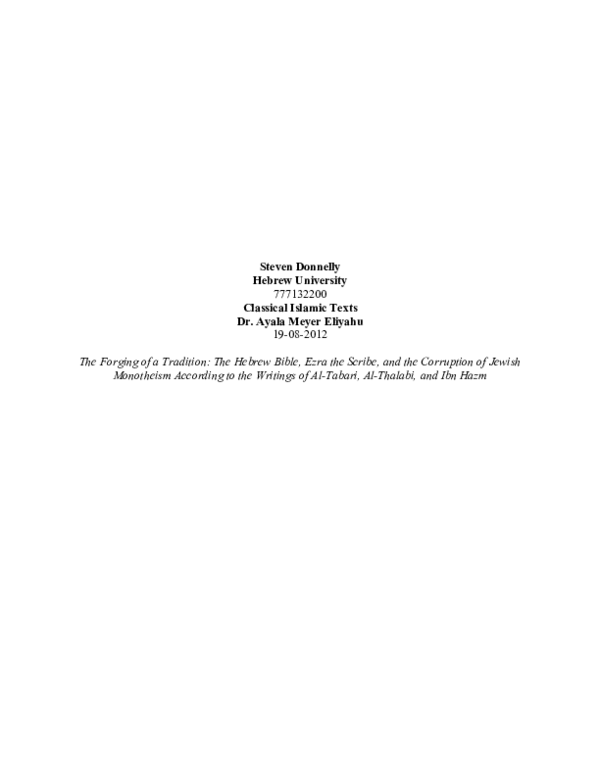 First page of “The Forging of a Tradition: The Hebrew Bible, Ezra the Scribe, and the Corruption of Jewish Monotheism According to the Writings of Al-Tabari, Al-Thalabi, and Ibn Hazm”
