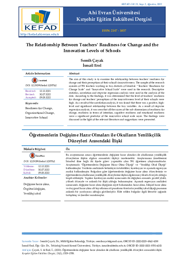 (PDF) The Relationship Between Teachers’ Readiness for Change and the ...