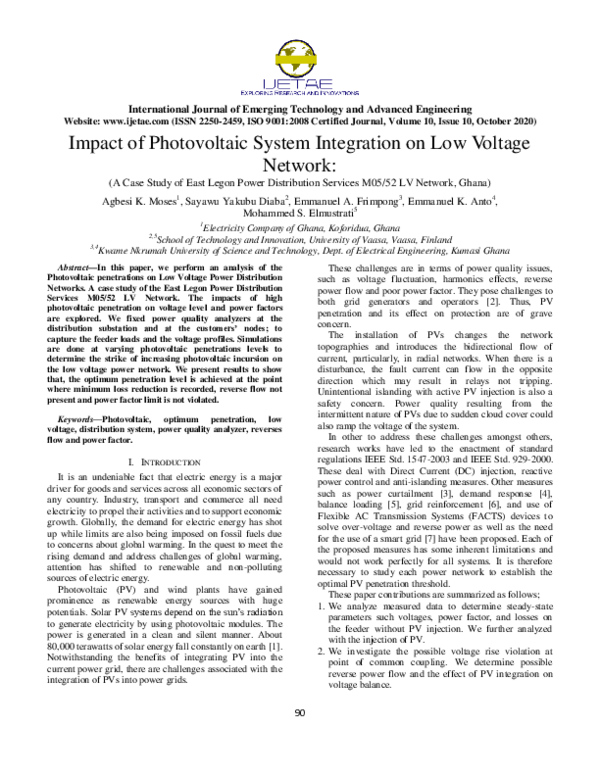 (PDF) Impact of Photovoltaic System Integration on Low Voltage Network