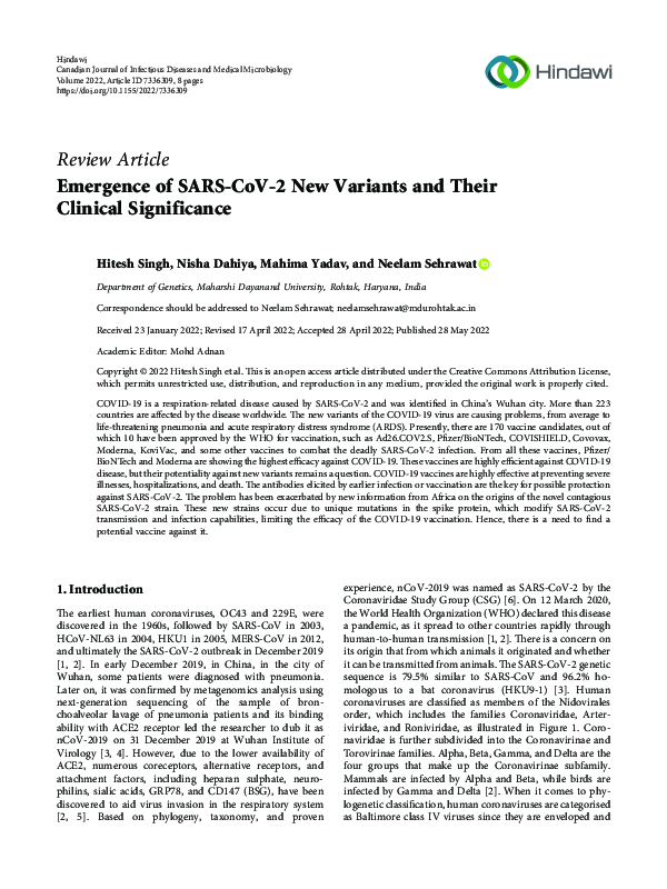 (PDF) Emergence of SARS-CoV-2 New Variants and Their Clinical Significance